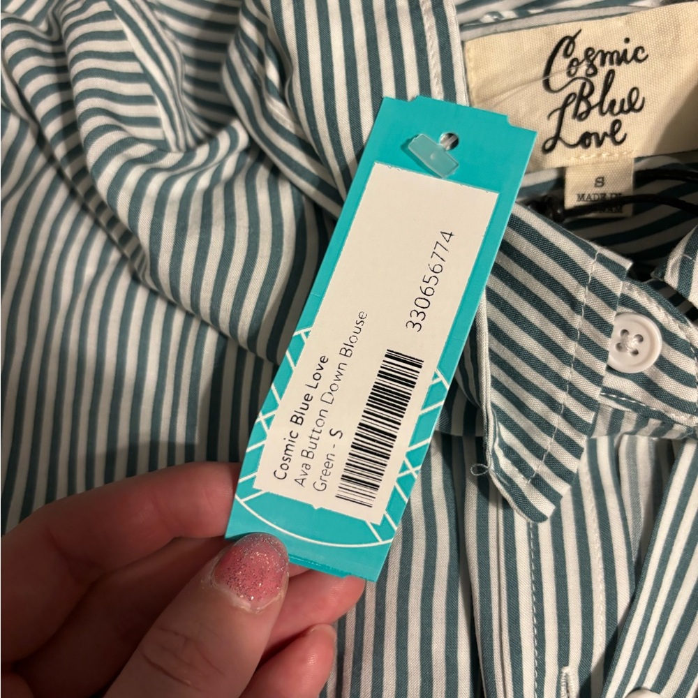Casual Green and White Striped Women's Button Down Shirt - Picture 6 of 8